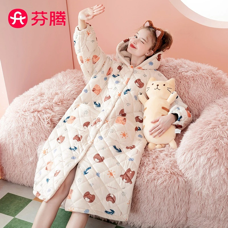 芬腾【卡贝绒夹棉小熊】秋冬连帽保暖长袖防静电家居服睡袍女裙子