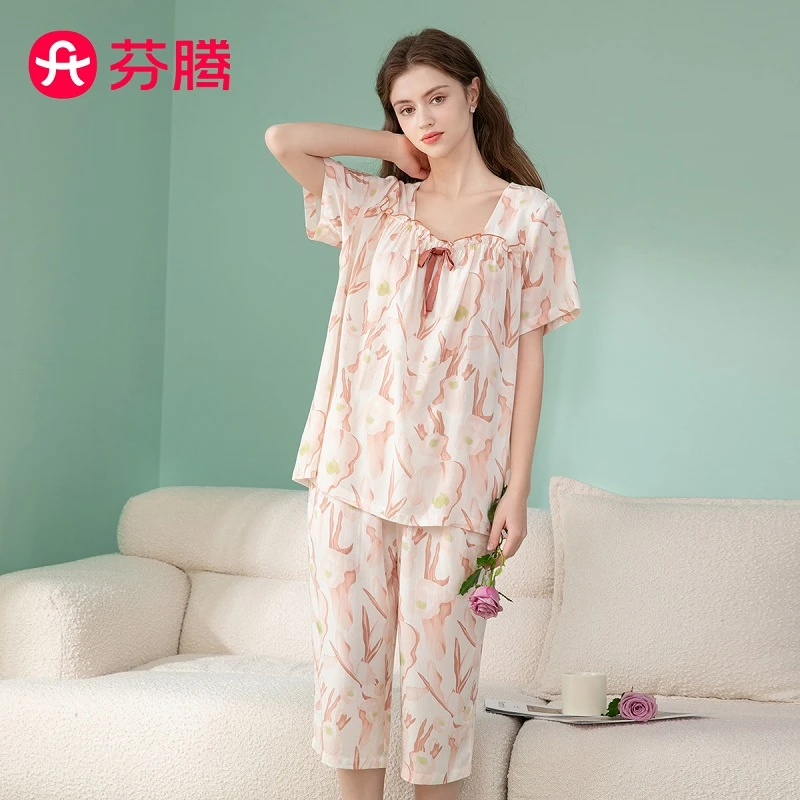 芬腾【花卉爽棉】夏季方领短袖蝶结套头长裤家居服睡衣女士套装