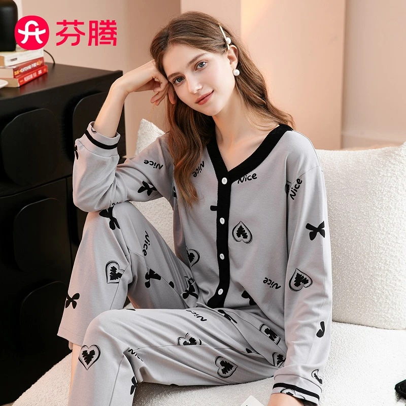 芬腾100%纯棉早秋V领纯色纽扣爱心蝶结印花女士睡衣长袖套装