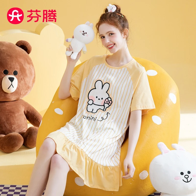 芬腾【迷你可妮兔IP】夏季固边圆领短袖睡裙纯棉100棉女裙子