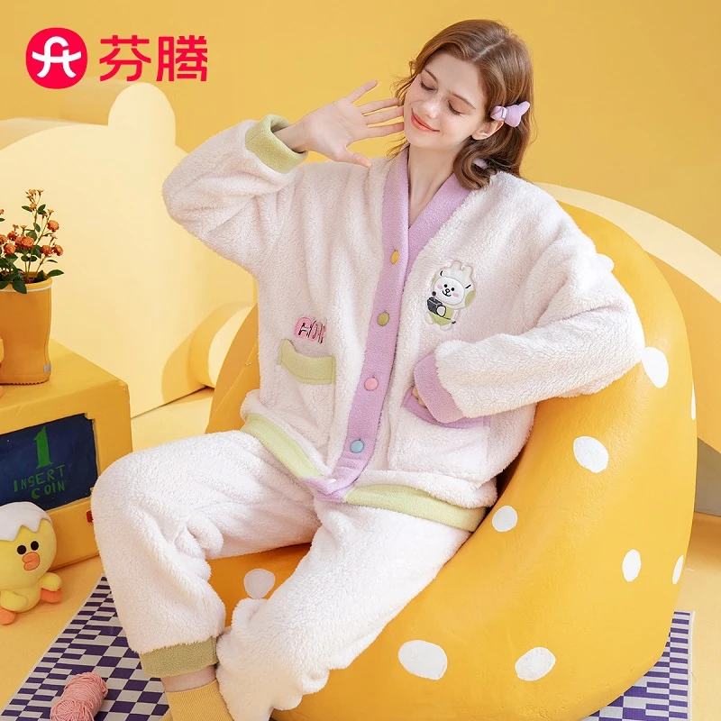 芬腾【可妮兔IP】250g秋冬V领双面暖绒长袖睡衣套装FJ240084