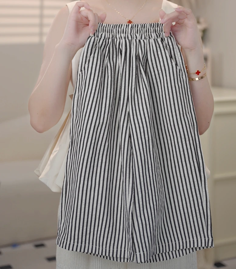 【现货】2025夏季新款薄款清凉垂感休闲黑白条纹泡泡山本裤0429