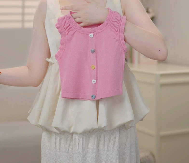 【现货】2025夏季新款韩版粉色木耳边薄款背心无袖百搭时尚洋气0625