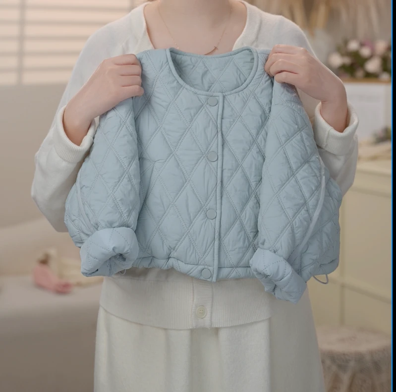 （现货）2024冬季女童蓝色圆领百搭时尚棉服夹棉小棉袄