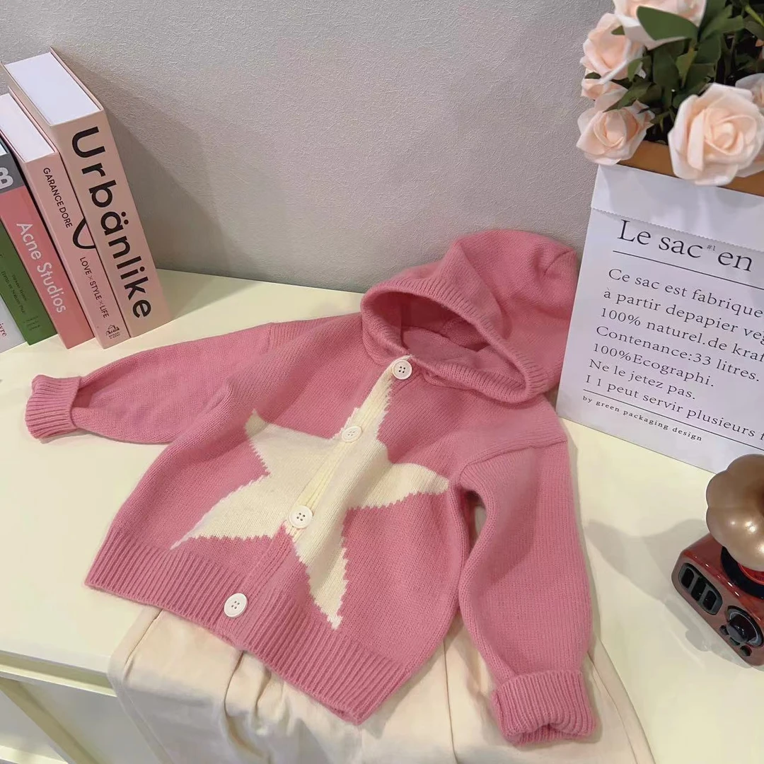 【多喜乐】2024女童春季新款韩版时尚宝宝连帽中小童针织衫毛衣开衫