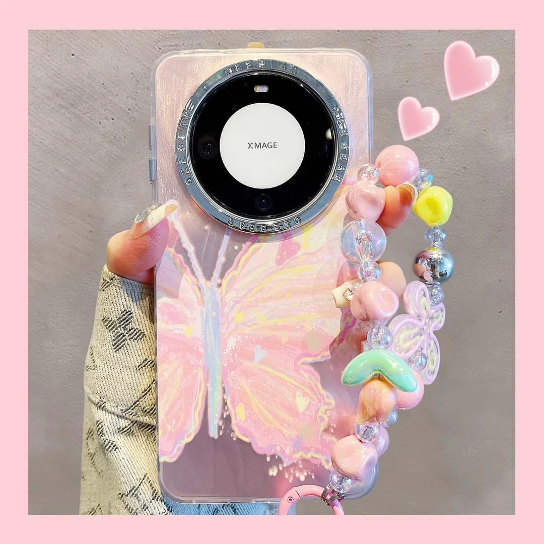 少女粉蝴蝶适用华为mate60pro+手机壳p60pro羽纱新款mate40/50pro