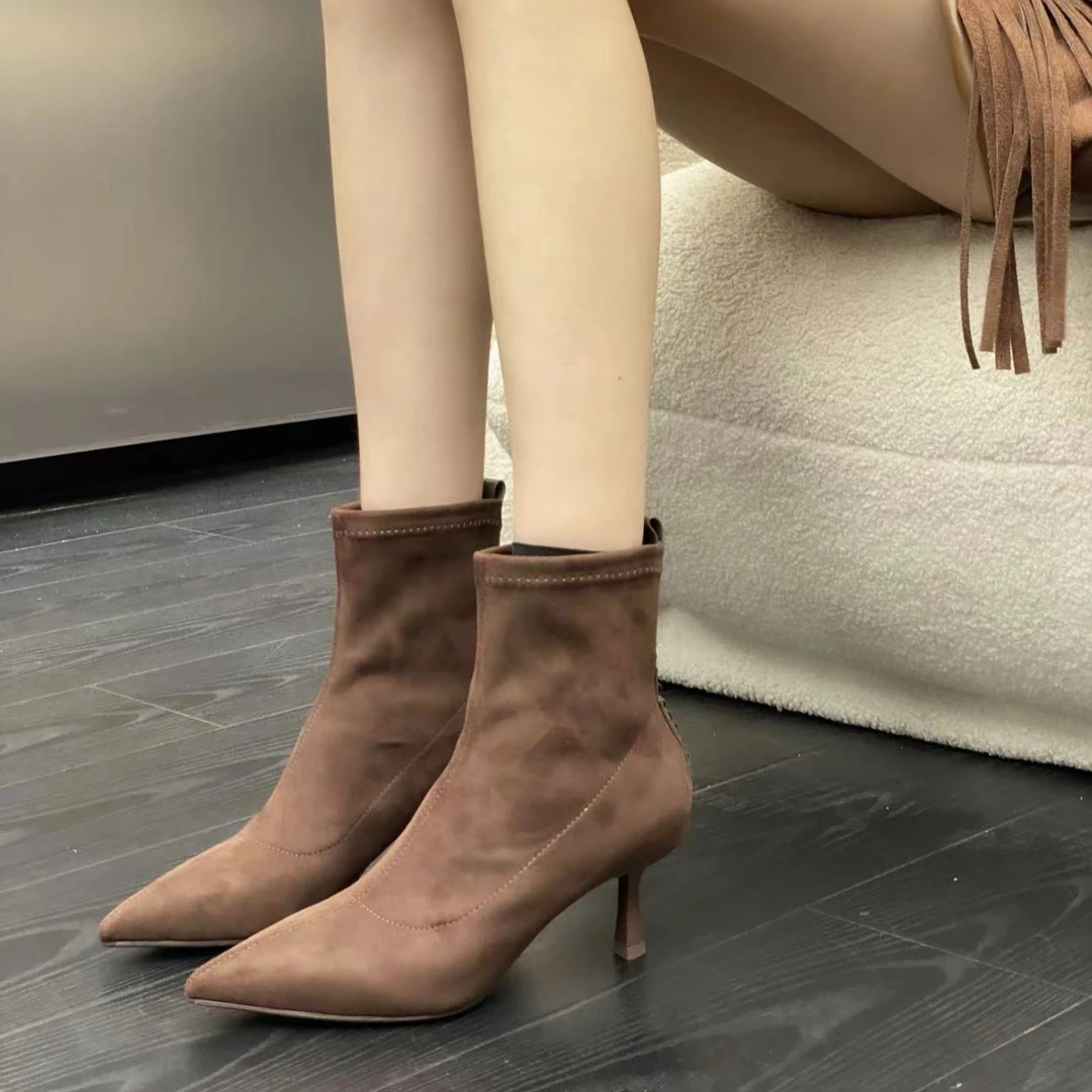 LIAJIGIRL/阿吉女·原创设计羊猄弹力绒短靴尖头高跟#6508-2