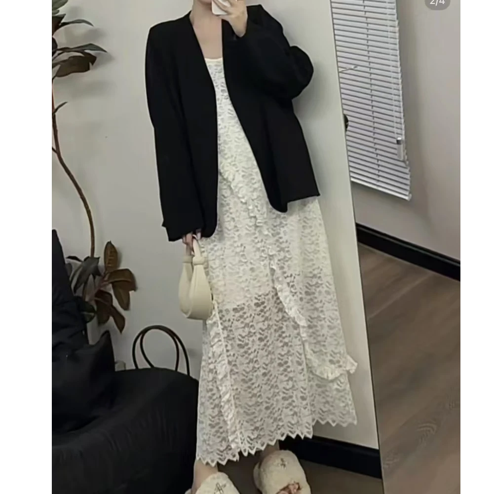 【肉肉】“灵魂契约”大码显瘦法式吊带重工蕾丝藤蔓连衣裙内搭S0870