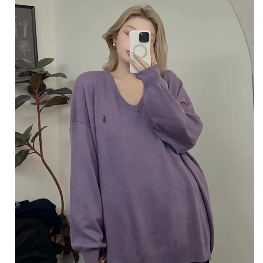 【肉肉】经典小马刺绣V领针织上衣女慵懒风大码显瘦长袖毛衣S0995