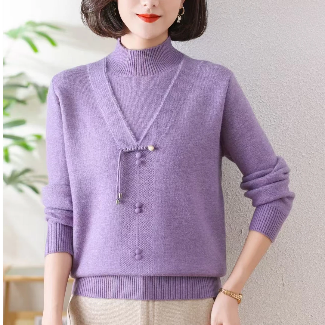 【夏夏服饰】新款妈妈冬装国风加绒保暖内搭一体绒针织衫半高领长袖