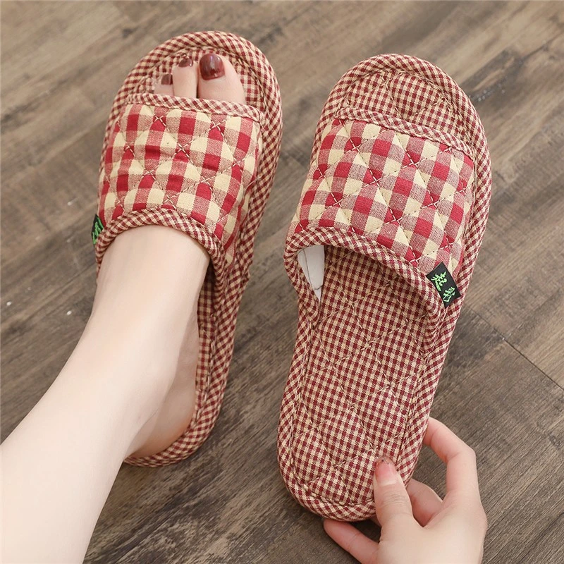 新款棉布软底男女情侣简约格子居家静音布艺布底家居室内地板拖鞋