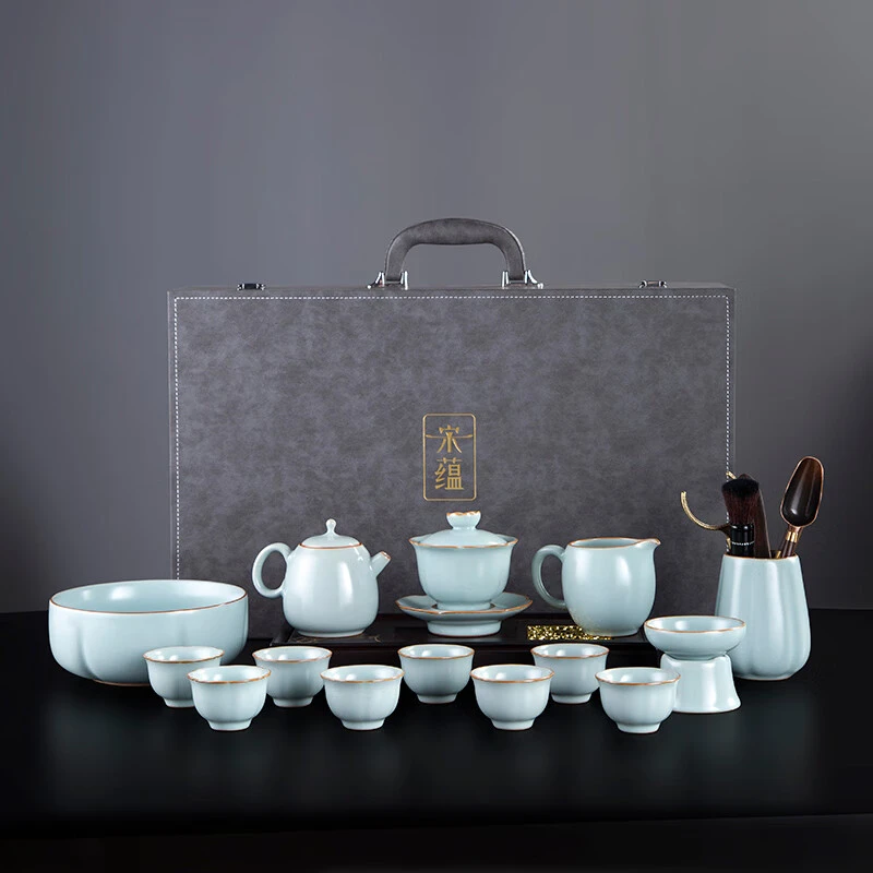 宋蕴高端天青汝窑功夫茶具套装盖碗茶壶茶杯整套泡茶器礼盒装新年