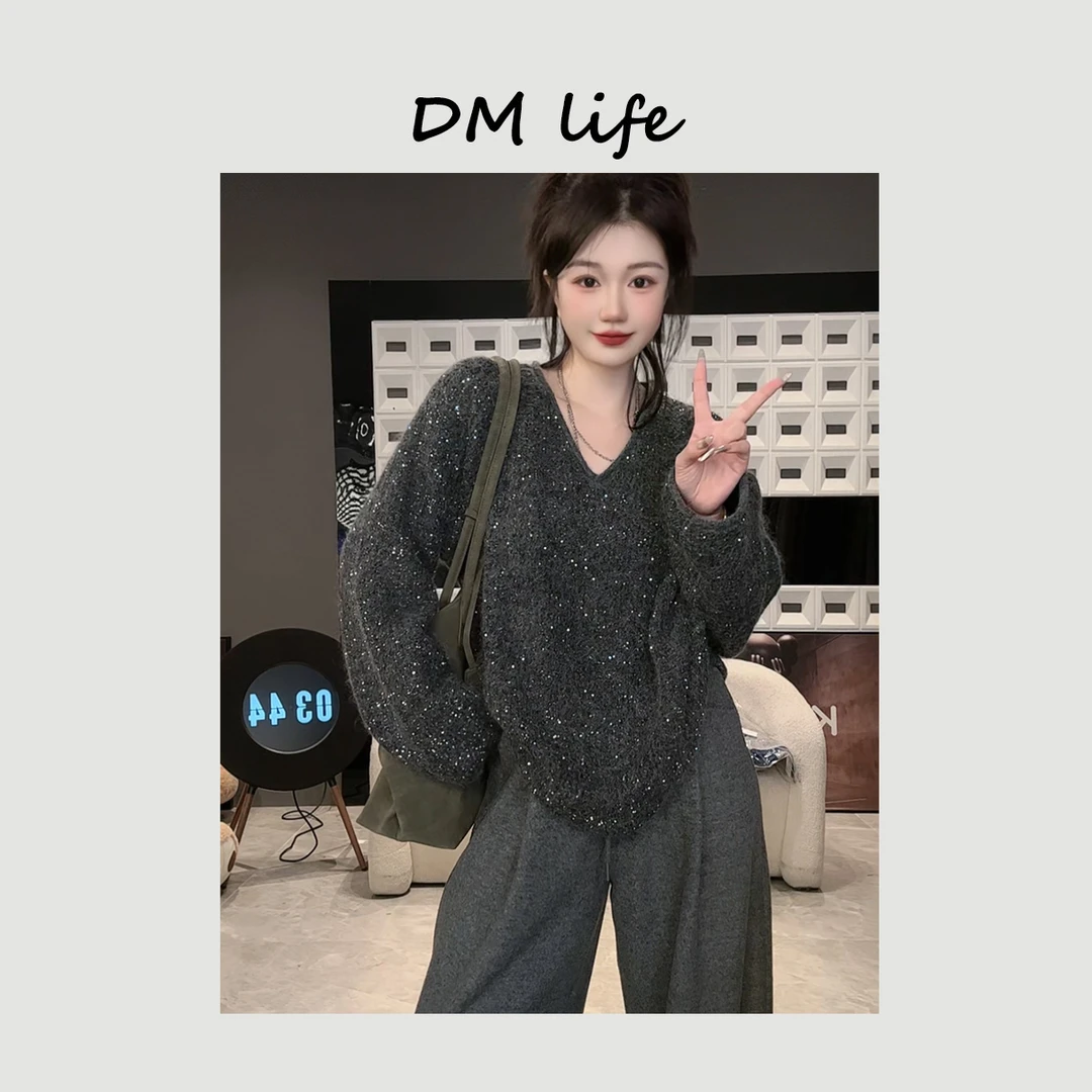 DMlife【聚会战袍】过年v领亮片长袖针织衫毛衣女时尚宽松上衣