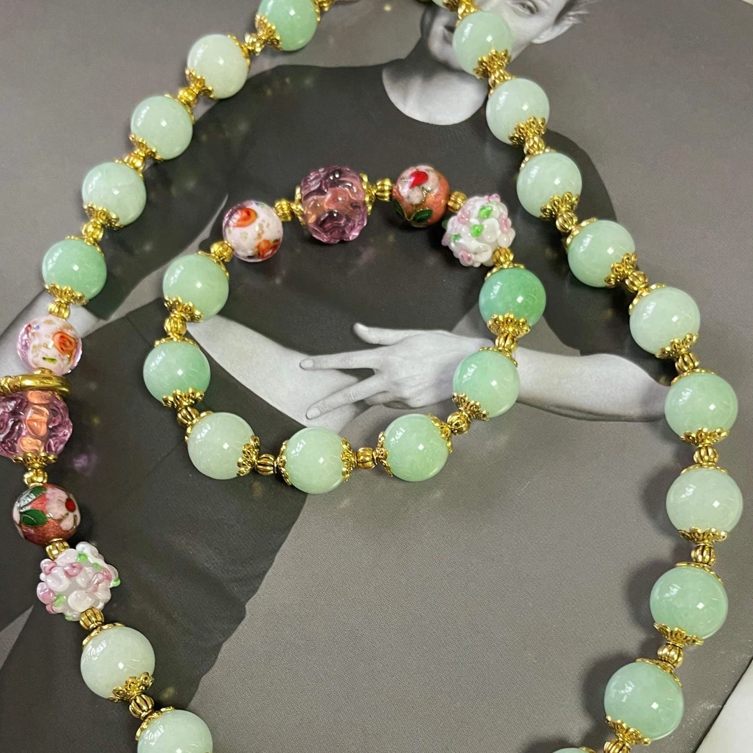 铜合金琉璃项链 多彩琉璃白色手链项链套装气质轻奢复古时尚百搭