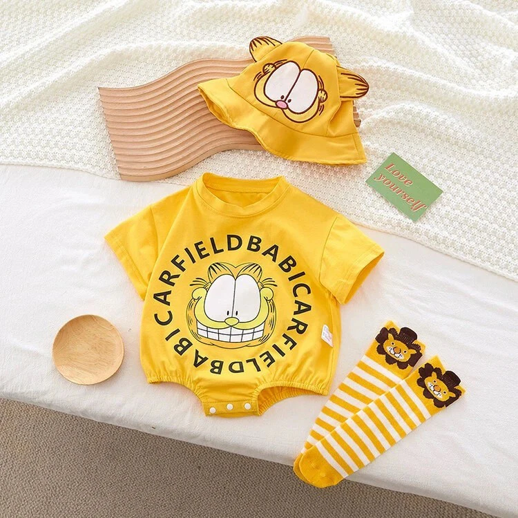 婴儿夏季薄款可爱连体衣宝宝可爱加菲猫包屁衣短袖哈衣三角爬服