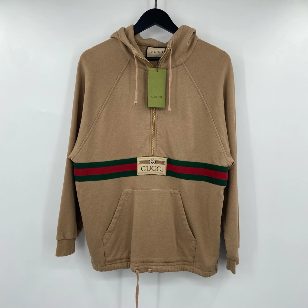 99新 GUCCI/古驰 卡其色半拉链腰带帽衫-叶子212