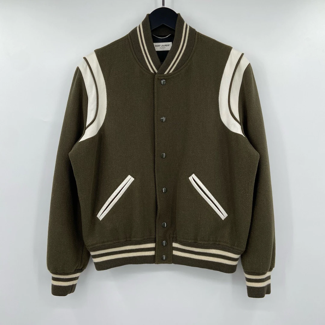 95新 Saint Laurent Paris 橄榄绿拼皮棒球服夹克 52叶子245