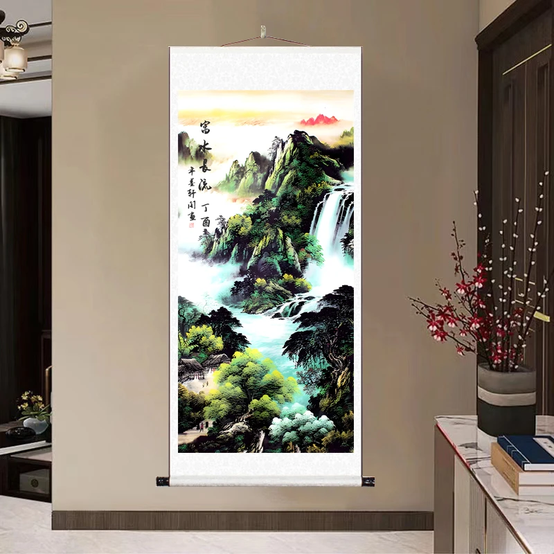 《富水长流》大气背景墙竖幅挂画国风山水靠山图风景 装饰画 玄关N4