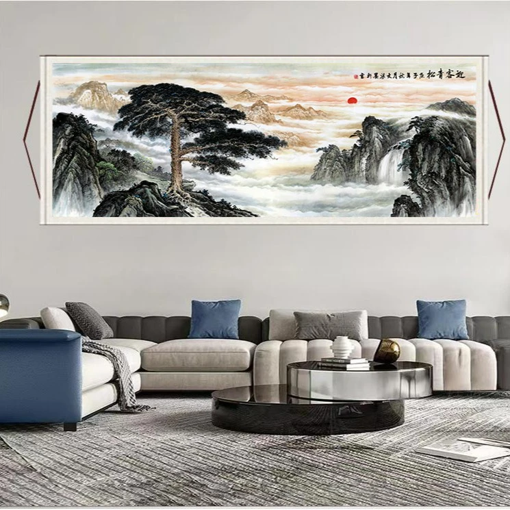 丈二《迎客青松》大气背景墙横幅挂画国风山水画艺术靠山图装饰画Y2