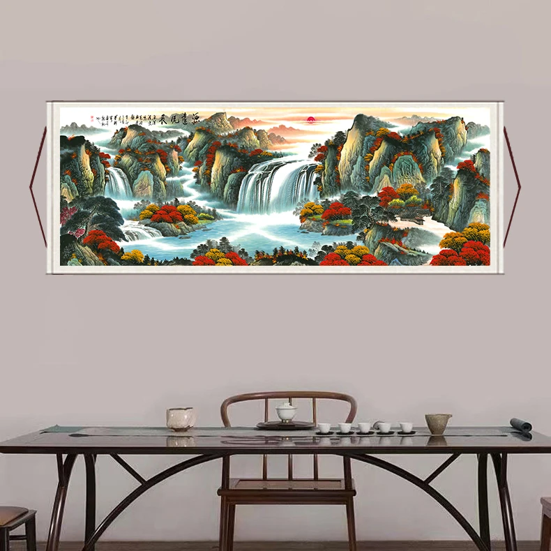 丈二《源远流长》大气背景墙横幅挂画国风山水靠山画风景图装饰画E3