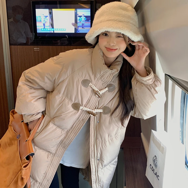 冬季新款奶香牛角扣爆款棉服女中长款棉衣小个子棉袄加厚外套立领
