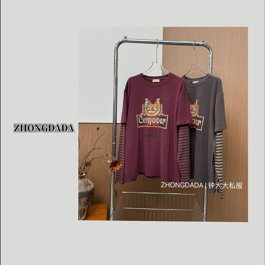 ZHONG大大【】宽松休闲时尚圆领假两件拼接秋季新款长袖上衣11500