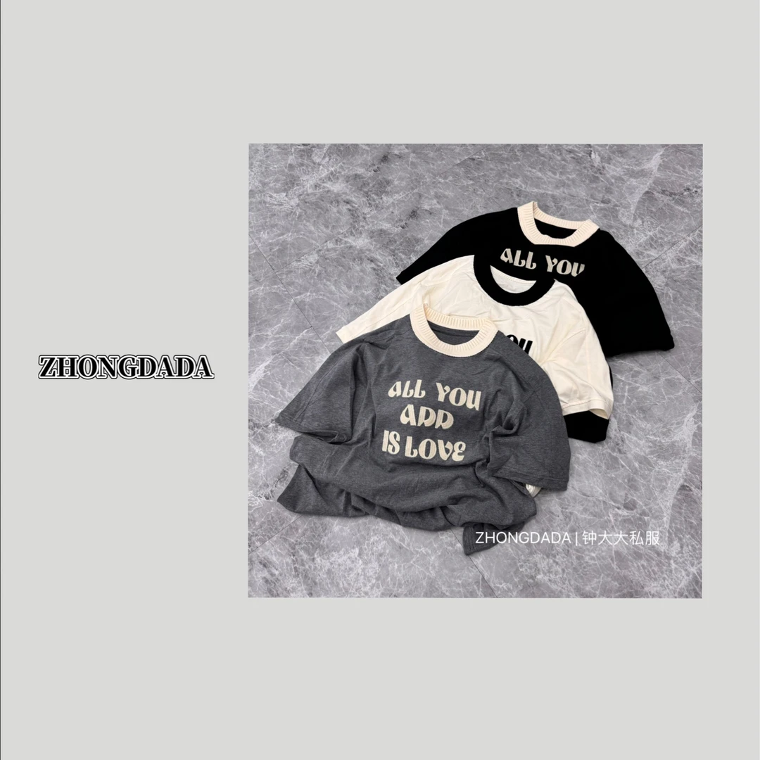 ZHONG大大【】秋冬新款圆领拼色字母韩版宽松短袖T恤11673