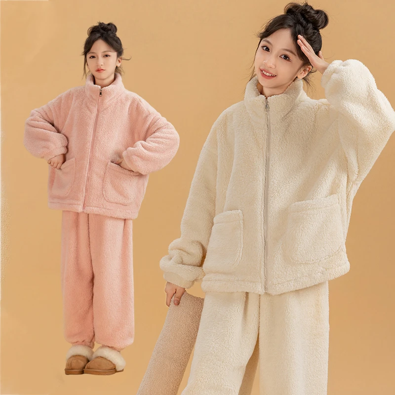 TQ2520女童睡衣连帽冬款加厚法兰绒可爱套装女孩大童珊瑚绒家居服