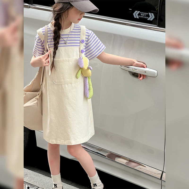 女童假两件背带连衣裙夏装2025新款洋气儿童棉布裙子紫色条纹半袖