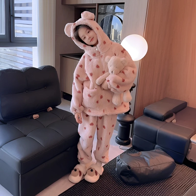 女童家居服秋冬2025新款女大童法兰绒高端睡衣学生加绒加厚套装