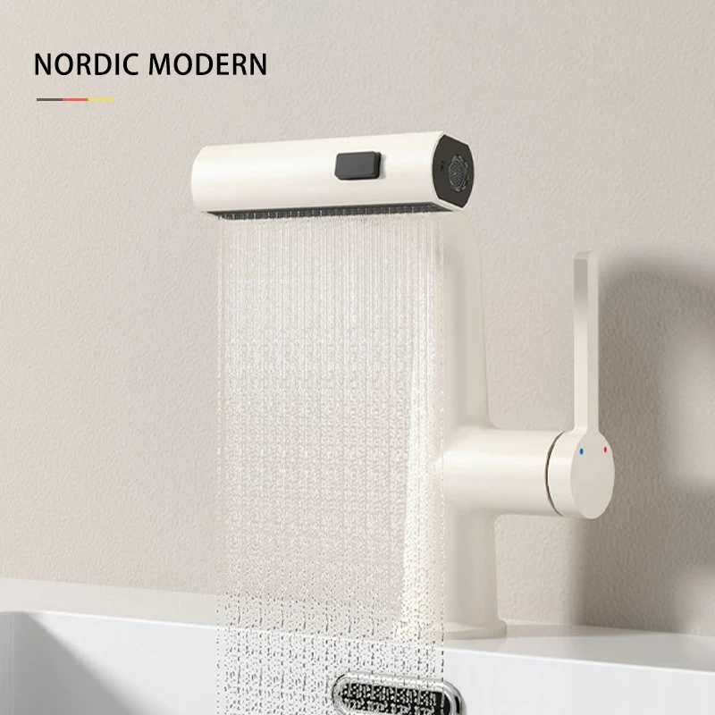 奶油白飞雨瀑布水龙头抽拉式卫生间洗手池台下盆面盆全铜冷热龙头