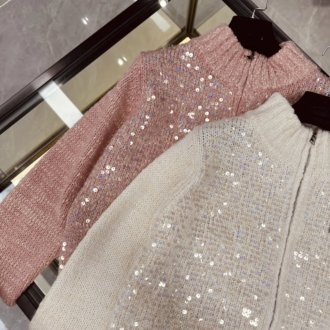 S96-[LONG-NA轻奢严选] 重工亮片拉链针织上衣