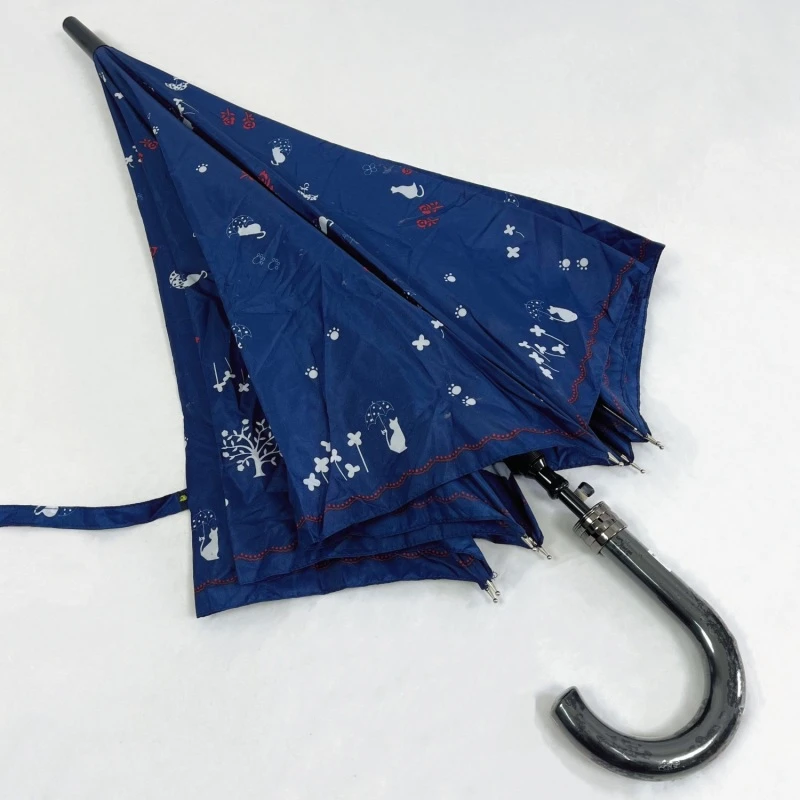 出口满版印花款!花朵可爱猫咪一甩干长柄弯钩女生自动防风雨伞