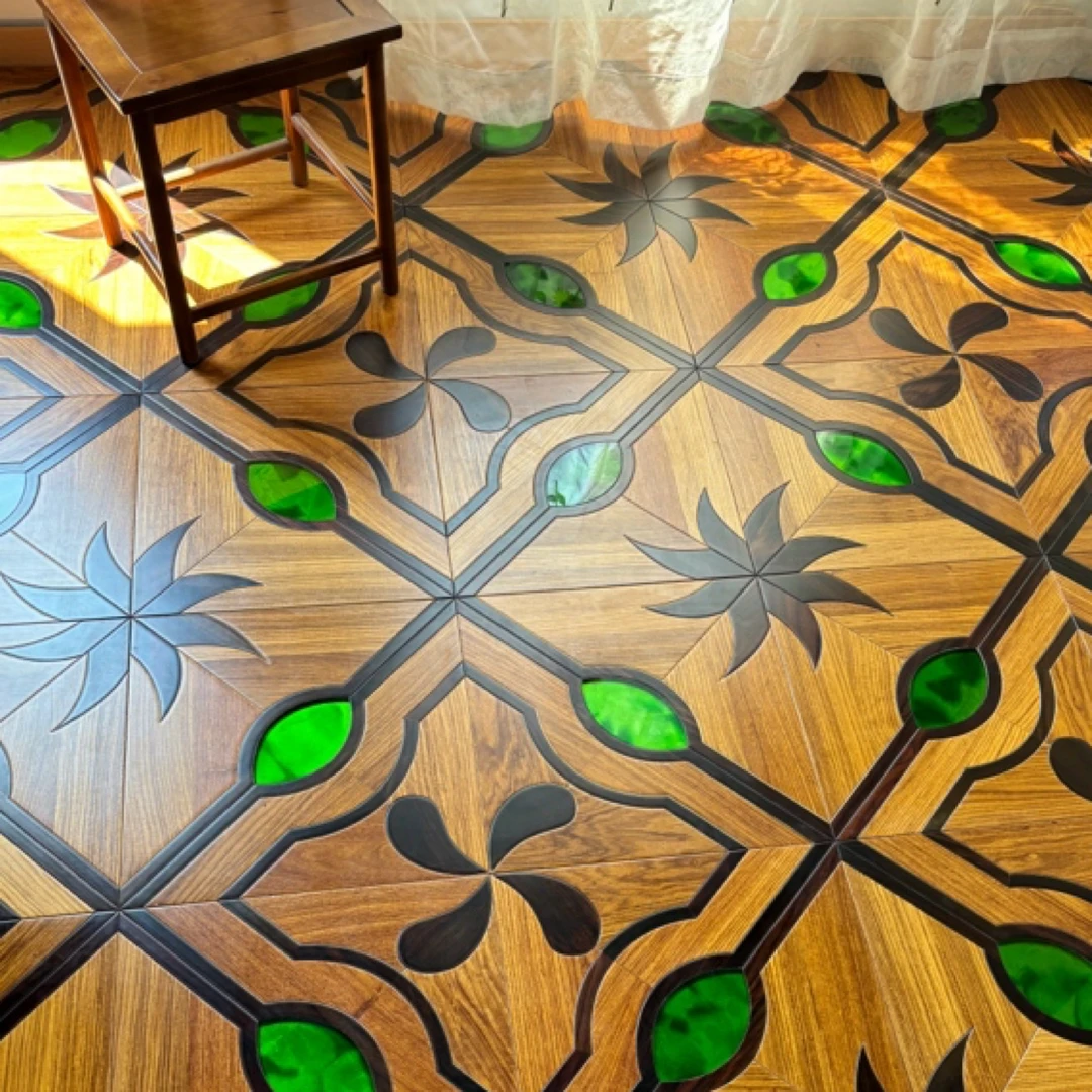 亚花梨酸枝琉璃实木多层艺术拼花地板高端客厅专用地暖适用