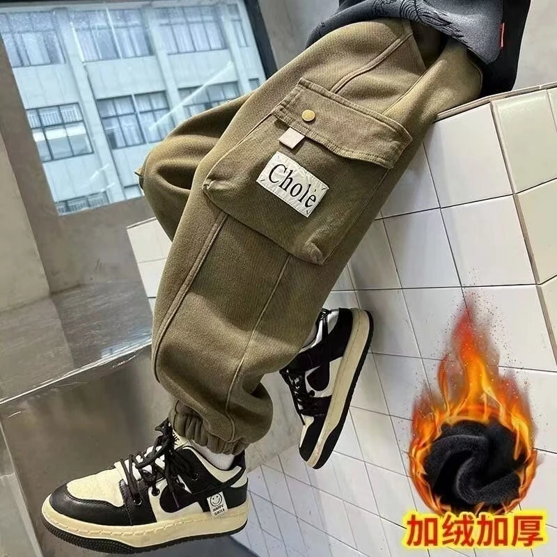 男童休闲春秋款工装裤2024新款秋冬中大童宽松时尚帅气加绒裤子