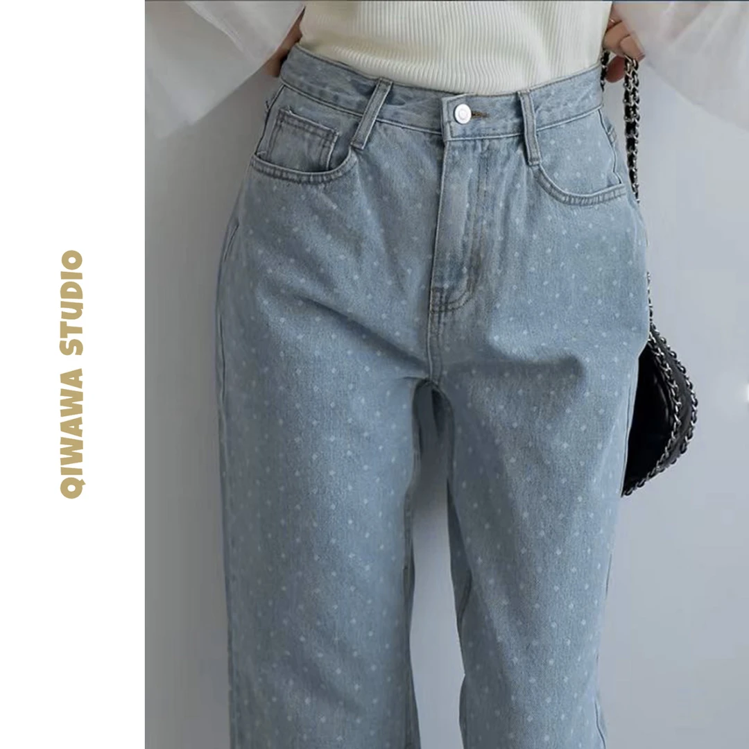QIWAWA/琪哇哇[复古波波]复古原点印花阔腿裤直筒牛仔裤694