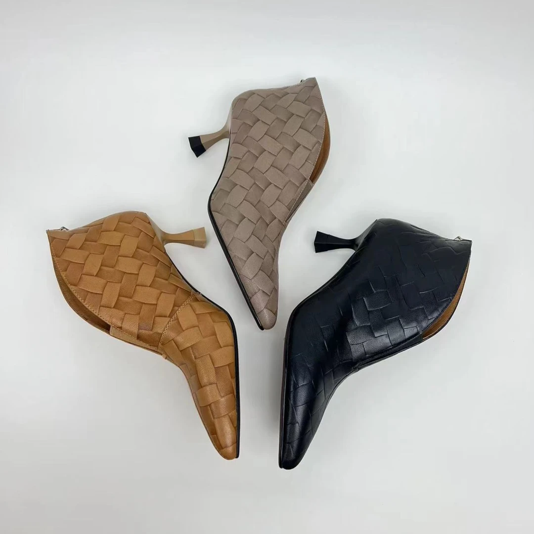 跟高5厘米高跟真羊皮时髦小短靴女2025火爆高级感靴子灰色手工鞋