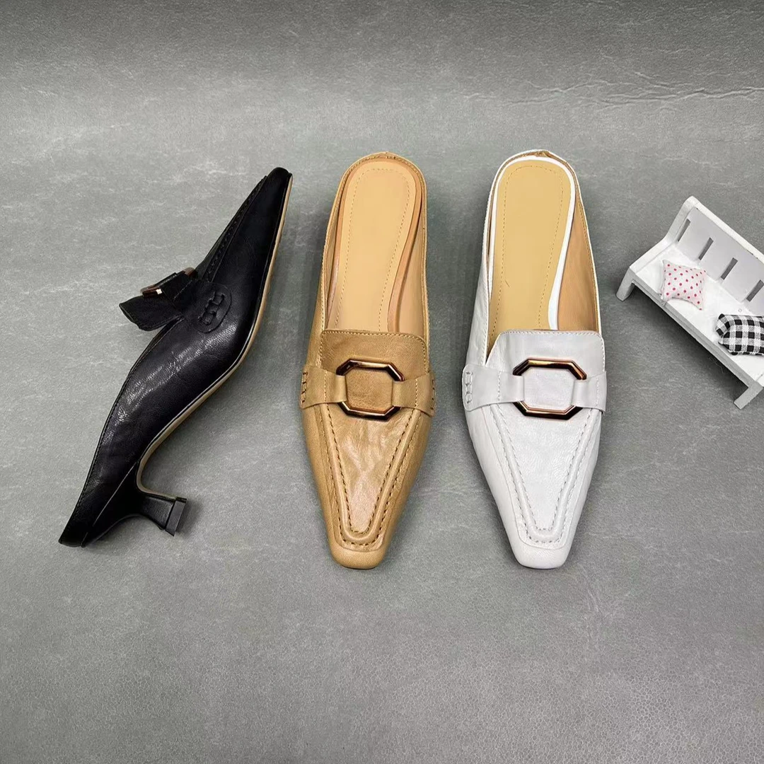 跟高3厘米101-E1低跟方头白色气质女士真皮包头外穿拖鞋夏季百搭