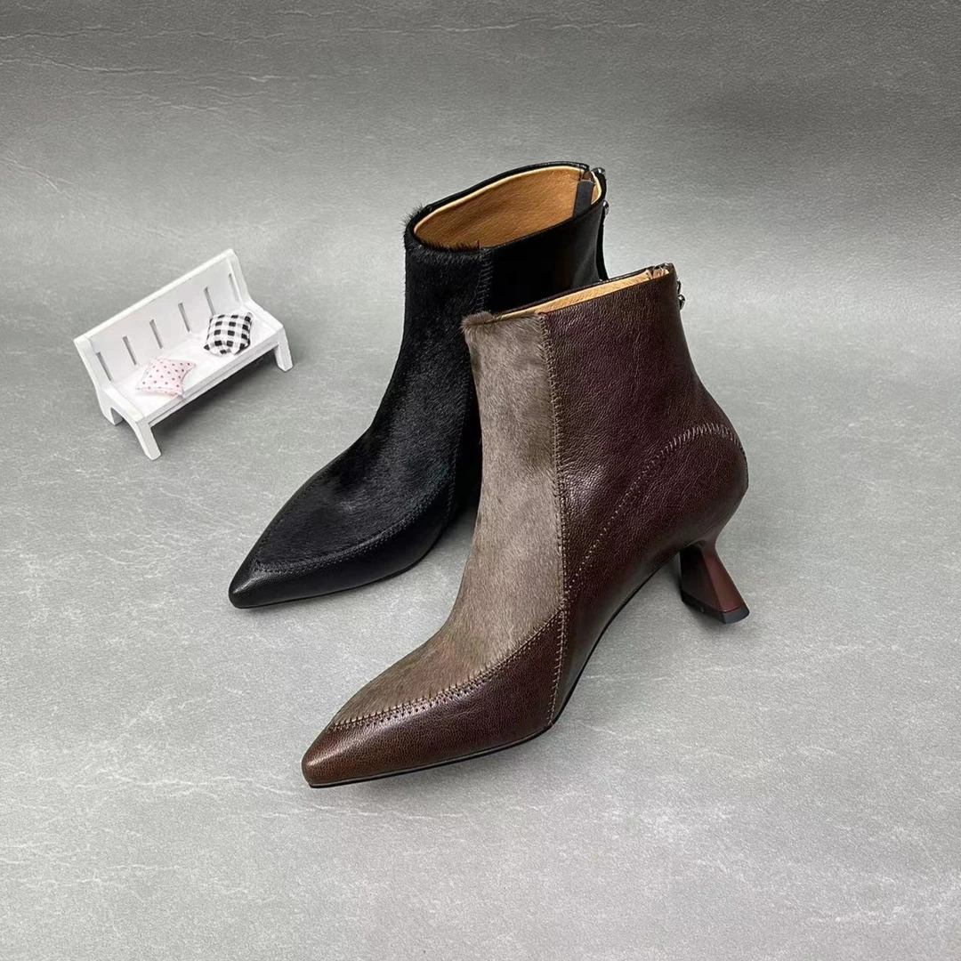 跟高5厘米B1-H69羊皮小裸靴马毛短靴气质时尚百搭尖头秋冬女士鞋