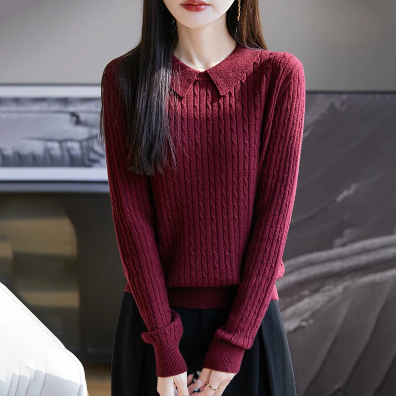 秋冬加厚16支精纺100羊毛针织衫女双层领复古麻花羊毛衫秋冬保暖