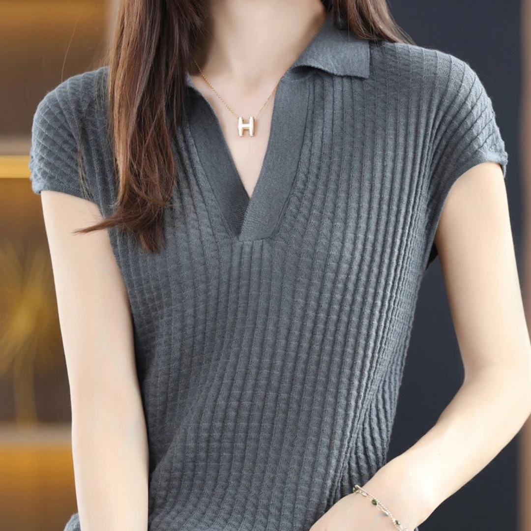 超细精纺羊毛Polo领夏季针织薄款T恤短袖打底衫包袖上衣