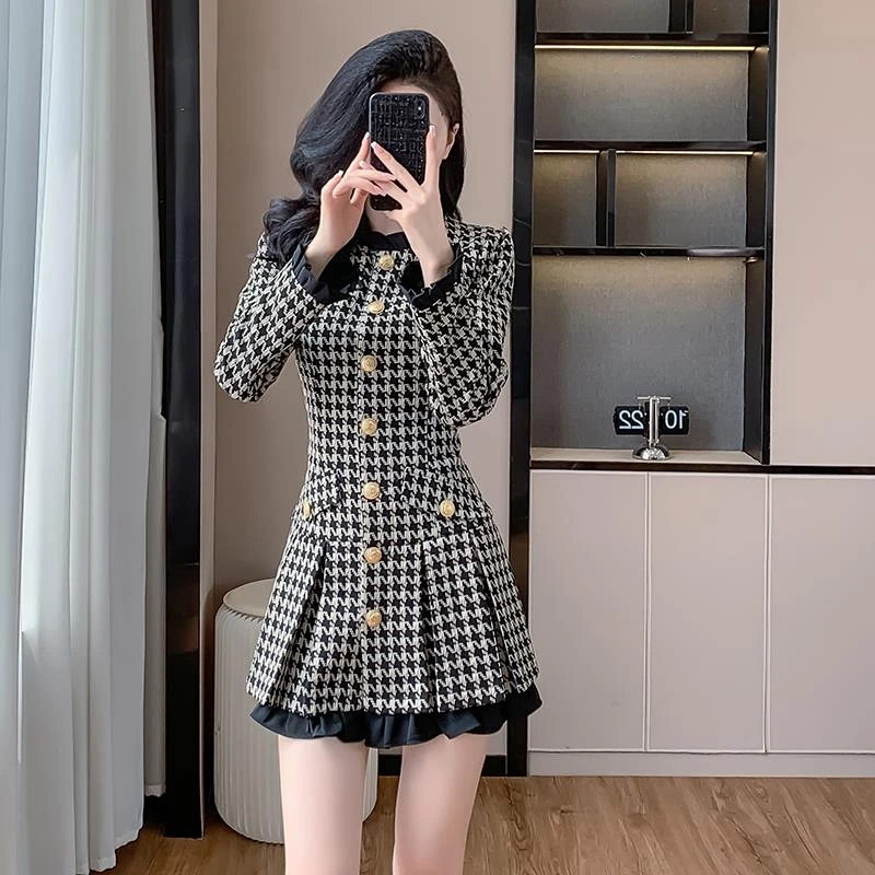 2025秋冬新款法式气质小香风收腰显瘦高级感小个子千鸟格连衣裙女