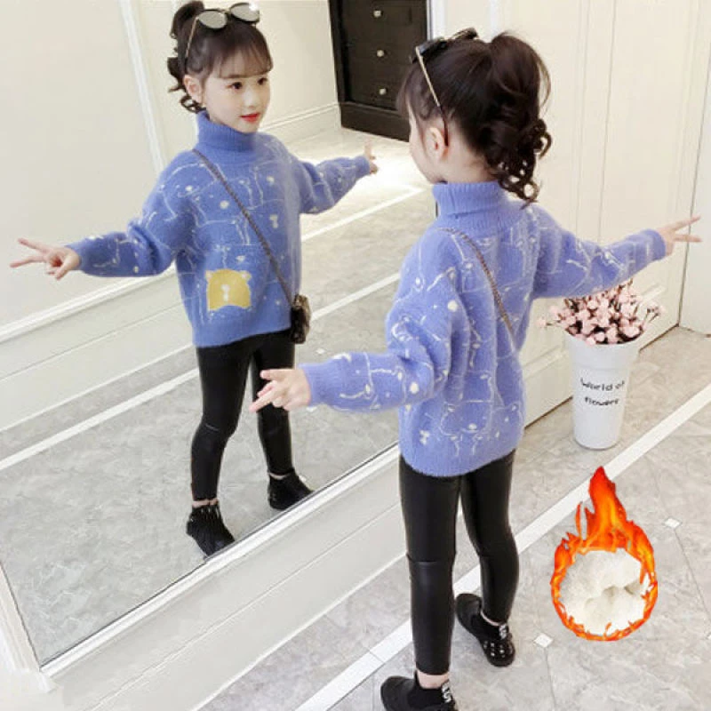 女童毛衣2025新款高领水貂绒韩版冬季加厚仿貂毛中大童加绒打底衫