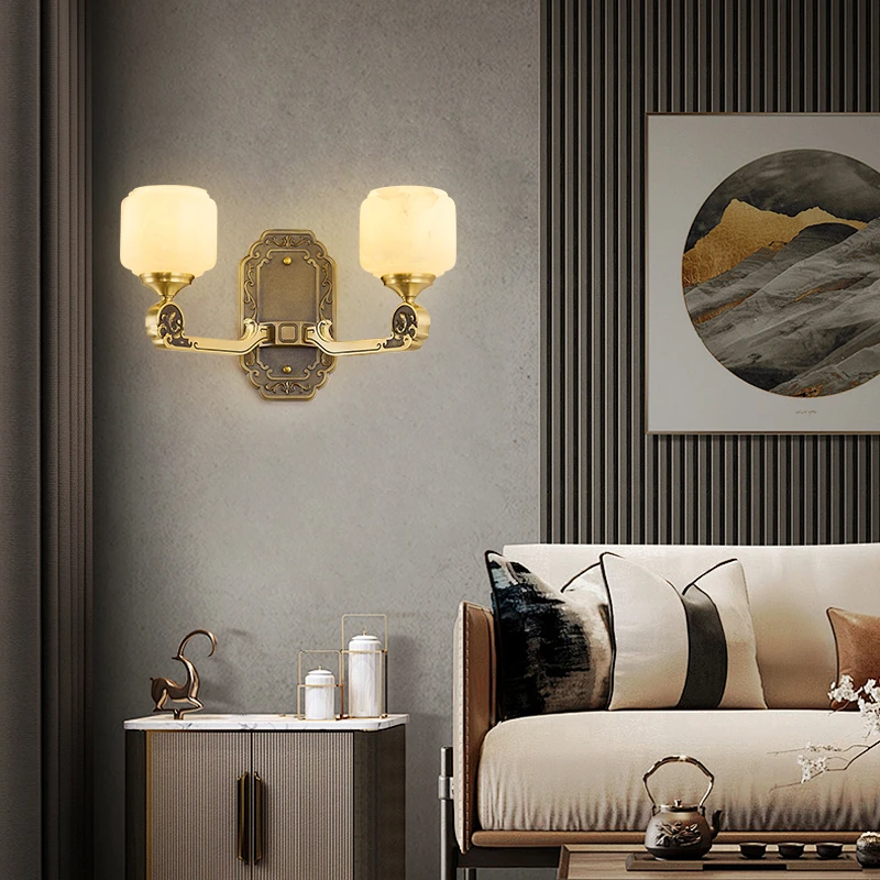 新中式壁灯全铜轻奢玉石卧室床头灯中国风禅意高端茶室背景墙灯