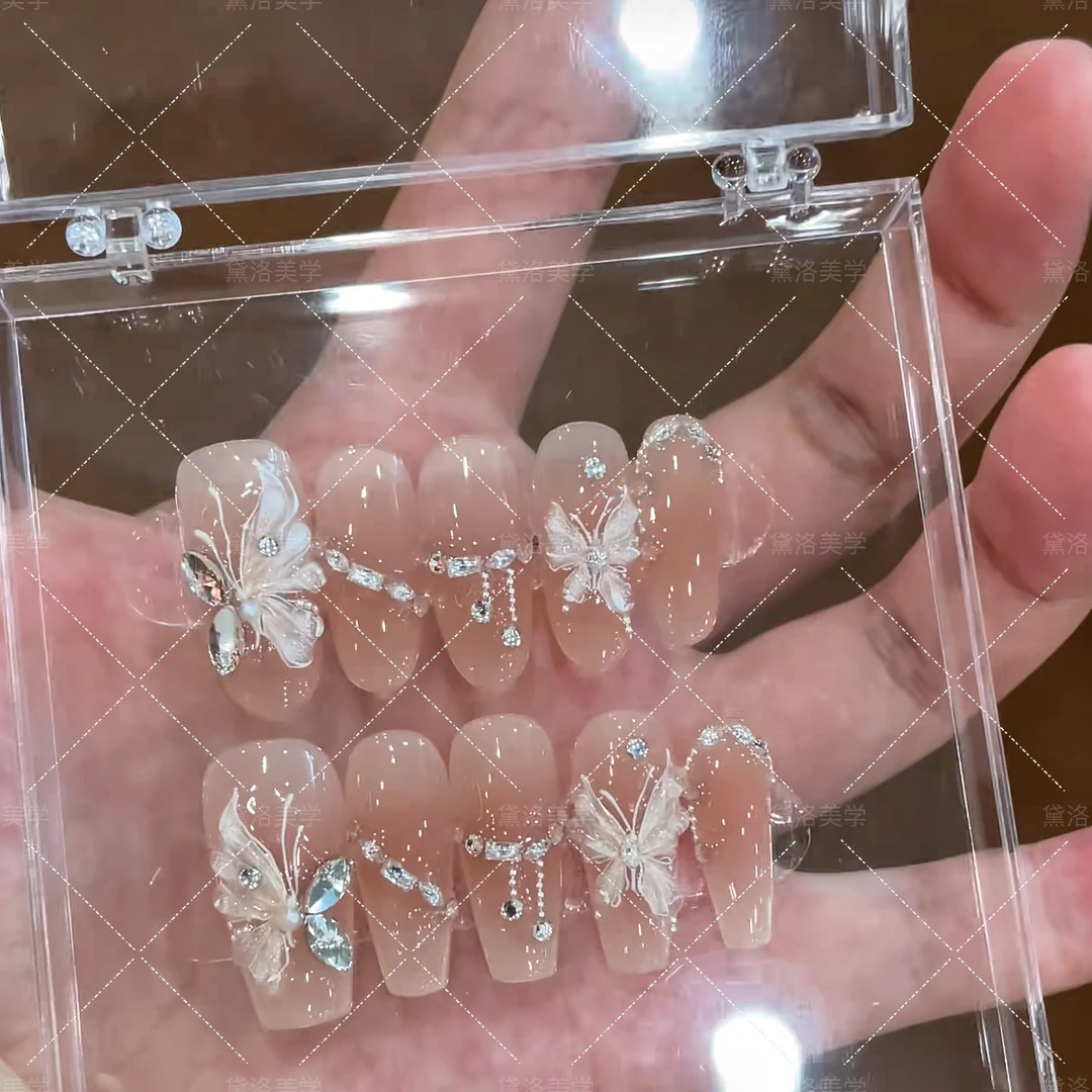 【花溪蝶语】手工穿戴甲3D立体蝴蝶指甲贴片甲片高级感冰透裸色气质