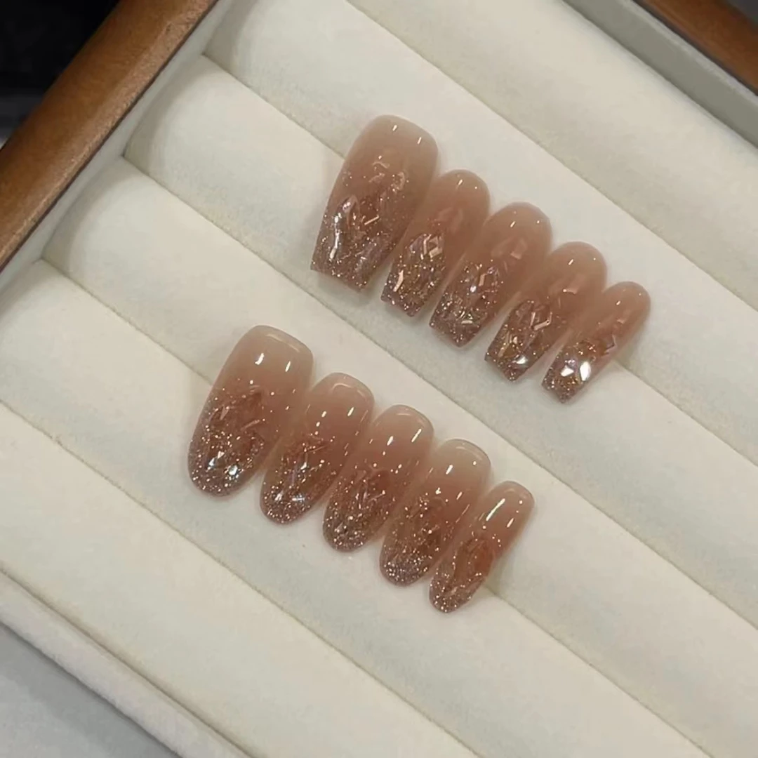 【香槟碎钻】亮片碎闪渐变纯手工高端美甲显白穿戴式裸色爆闪