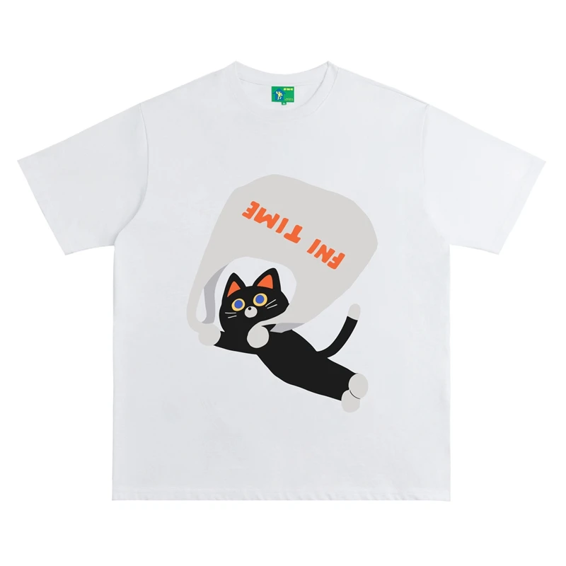 FNI国潮重磅纯棉（猫咪降落伞）男女同款t恤美式复古短袖上衣24新款
