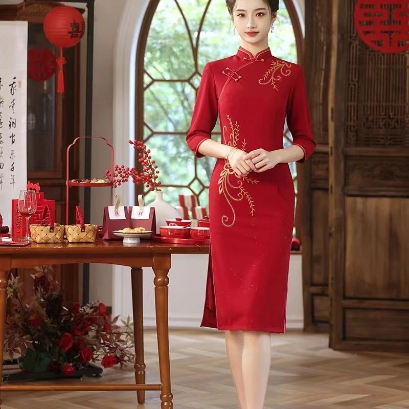 锦上添花-复古红色婚礼大码新娘修身显瘦中国风敬酒服喜婆婆妈妈