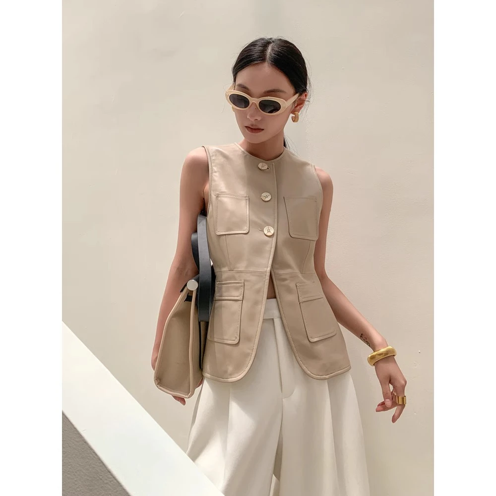 复古时髦 小羊皮收腰马甲女真皮a字圆领口袋开叉工装马夹外套