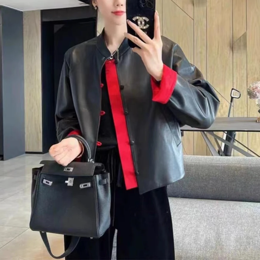 中国红新中式进口绵羊皮真皮皮衣2024新款国风夹克短款外套